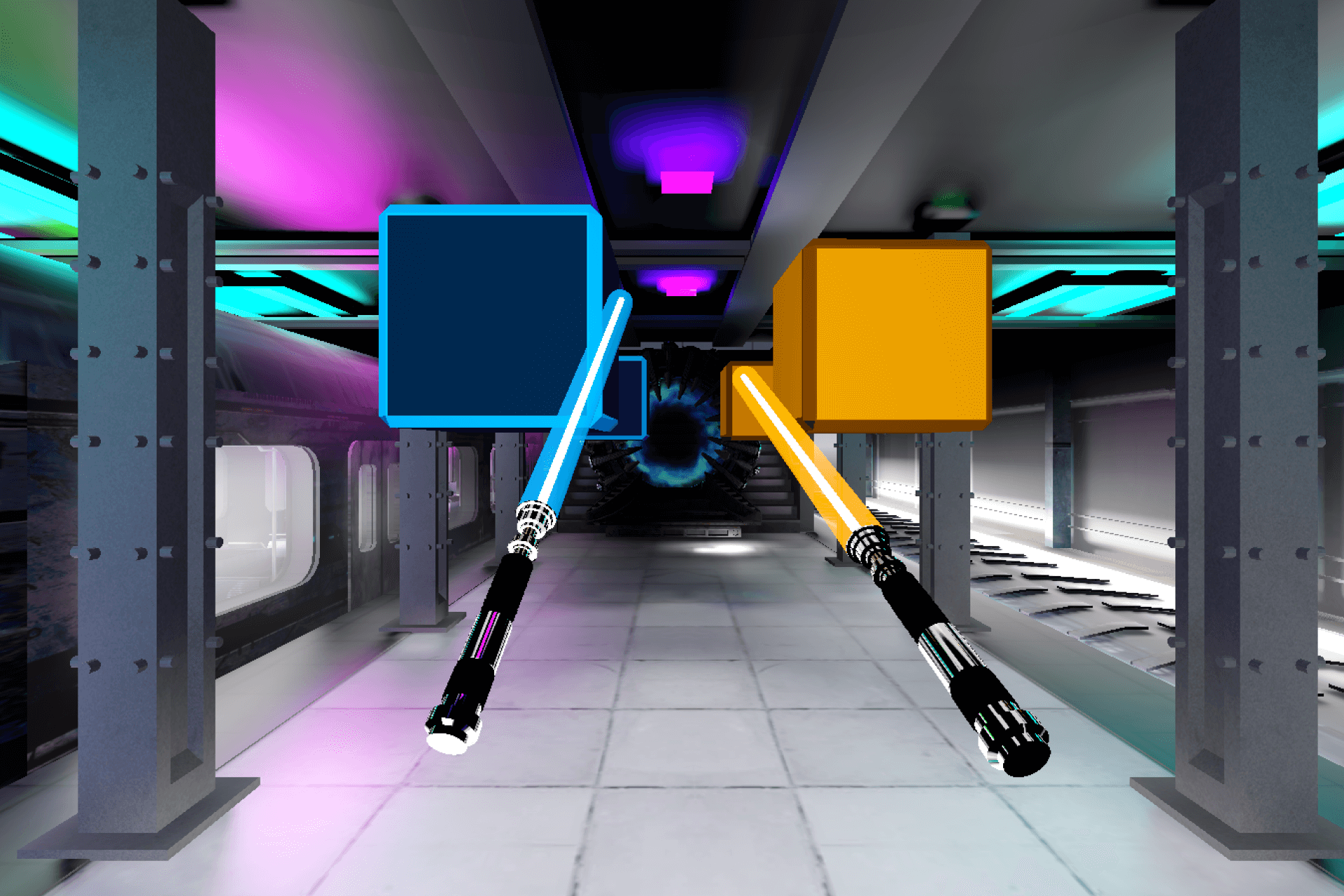 VR Rhythm Saber Combat gameplay showcasing user slicing blocks
